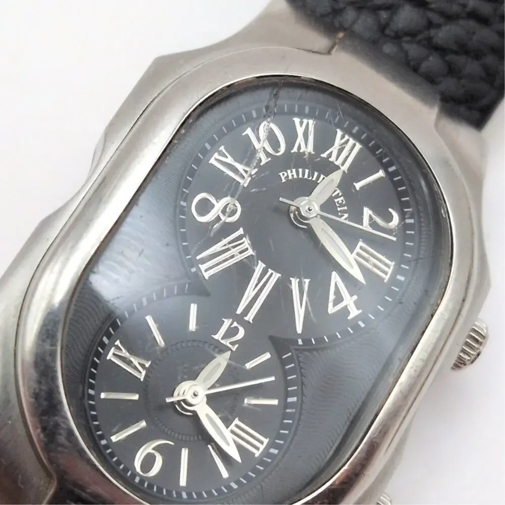 Philip Stein Women's Wrist Watch Black Silver Dual Dial 1-MB-CPB Working - *READ